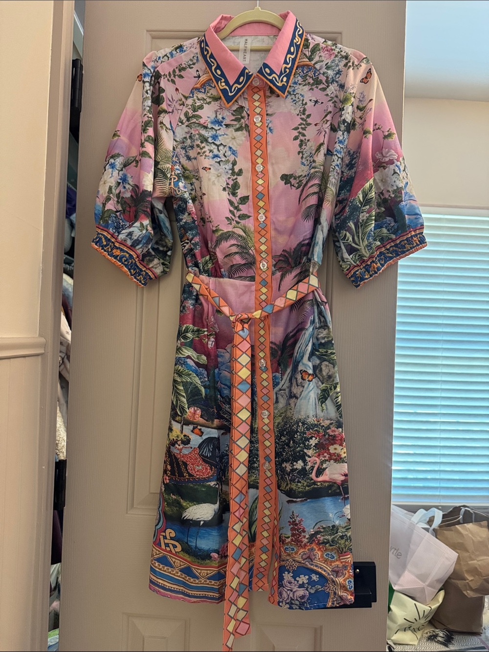 Half Heart NWOT Printed Pink Tropical Shirt Dress with Belt L